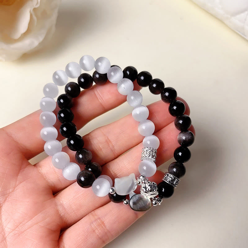 Buddha Stones Katzenkopf-Armband aus weißem Katzenauge mit silbernem Schimmer und Obsidian-Effekt - image 16