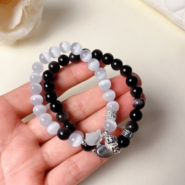 Buddha Stones Katzenkopf-Armband aus weißem Katzenauge mit silbernem Schimmer und Obsidian-Effekt - image 16