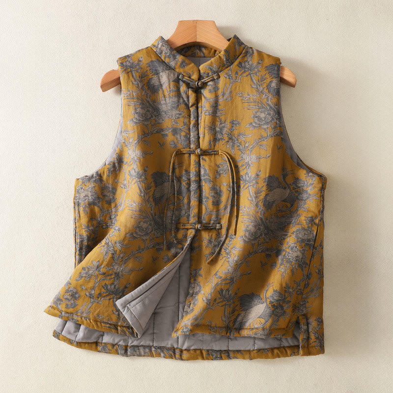 Buddha Stones Ärmellose Weste aus Baumwolle für Damen mit Kranich-, Blumen- und Zweigmuster sowie Froschknopfverschluss - Goldrute - US 8-10, UK/AU 12-14, EU 40-42 (2XL) - image 0