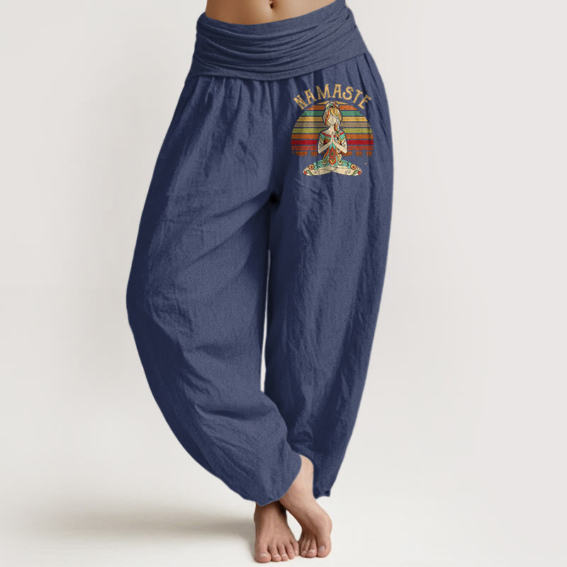 Buddha Stones Haremshose aus reiner Baumwolle mit farbigen Streifen und Lotus-Meditationsmotiv (Namaste). - Dunkelschieferblau - US16, UK/AU20, EU48 (3XL) - image 5