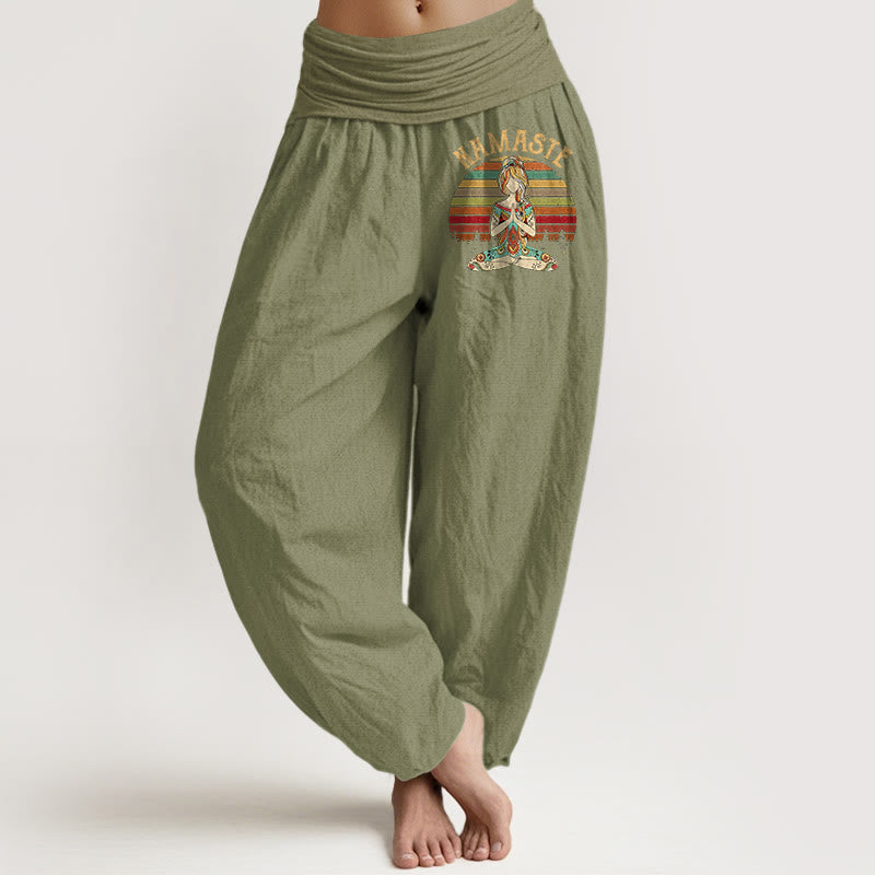 Buddha Stones Haremshose aus reiner Baumwolle mit farbigen Streifen und Lotus-Meditationsmotiv (Namaste). - Olivgrün - US16, UK/AU20, EU48 (3XL) - image 14