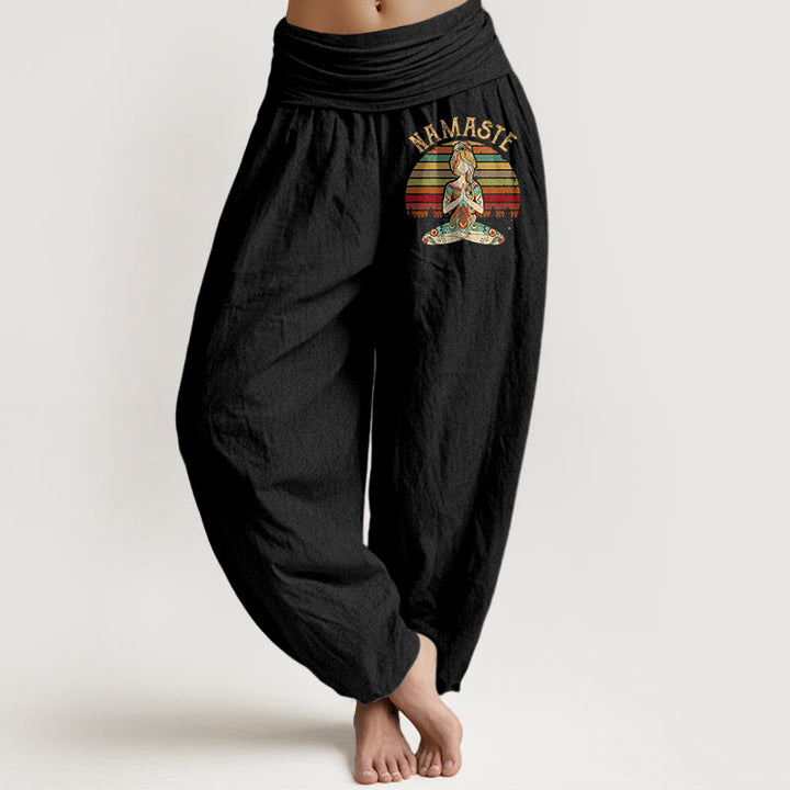 Buddha Stones Haremshose aus reiner Baumwolle mit farbigen Streifen und Lotus-Meditationsmotiv (Namaste). - Schwarz - US16, UK/AU20, EU48 (3XL) - image 0