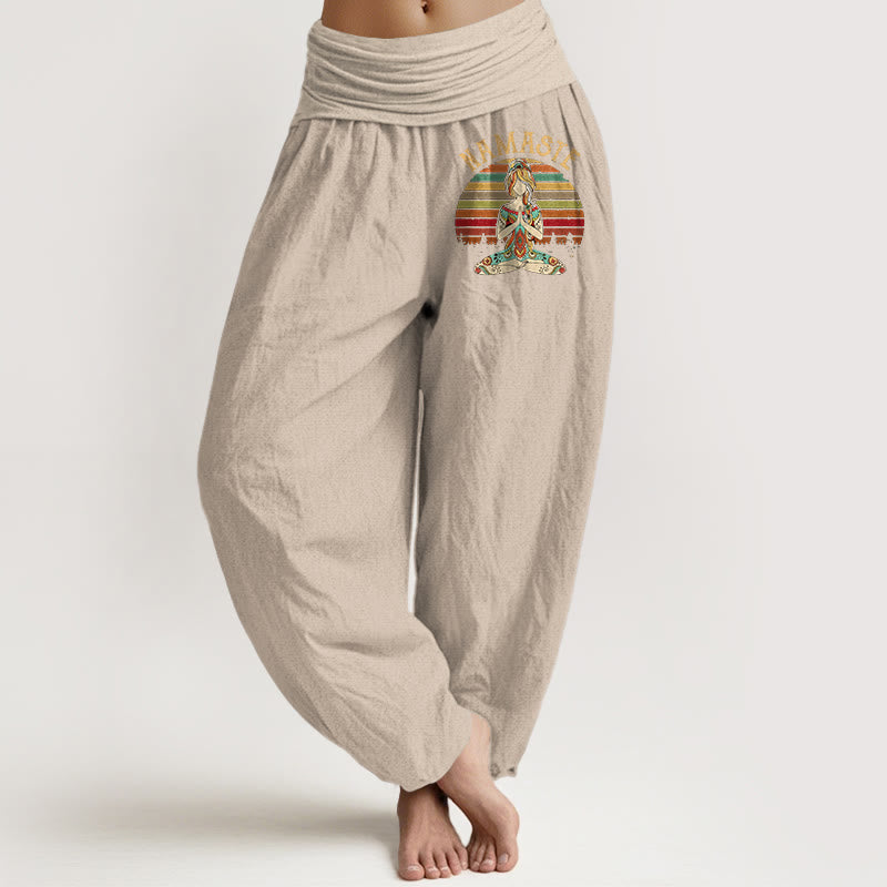 Buddha Stones Haremshose aus reiner Baumwolle mit farbigen Streifen und Lotus-Meditationsmotiv (Namaste). - Bräunen - US16, UK/AU20, EU48 (3XL) - image 11