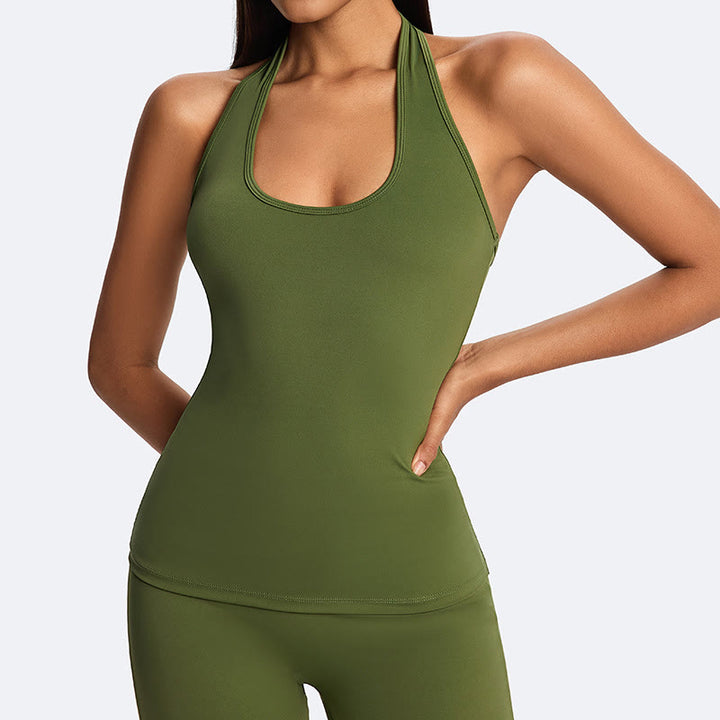 Buddha Stones Kurzes, ärmelloses Neckholder-Top mit geradem Bein und gerader Hose – ideal für Sport, Fitness und Yoga. - Olivgrün (nur Oberteil) - US14, UK/AU18, EU46 (2XL) - image 7