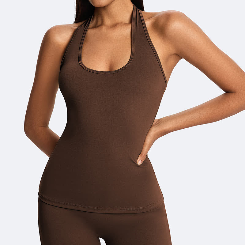 Buddha Stones Kurzes, ärmelloses Neckholder-Top mit geradem Bein und gerader Hose – ideal für Sport, Fitness und Yoga. - Sattelbraun (nur Oberteil) - US14, UK/AU18, EU46 (2XL) - image 1