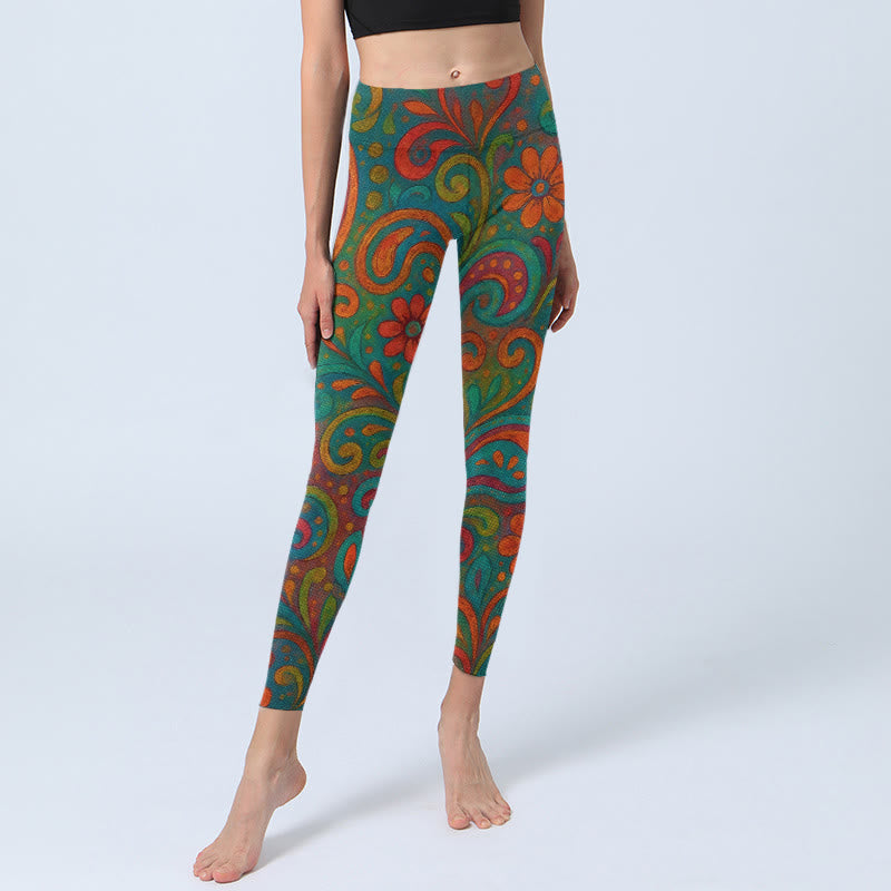 Buddha Stones Leggings mit lebhaftem, wirbelndem Blumen-Paisley-Muster, Damen-Yogahose - image 5