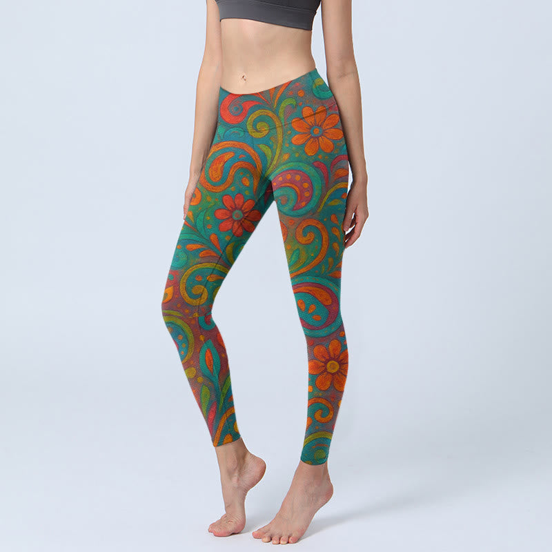 Buddha Stones Leggings mit lebhaftem, wirbelndem Blumen-Paisley-Muster, Damen-Yogahose - Mittel-Aquamarin - US18, UK/AU22, EU50 (4XL) - image 0