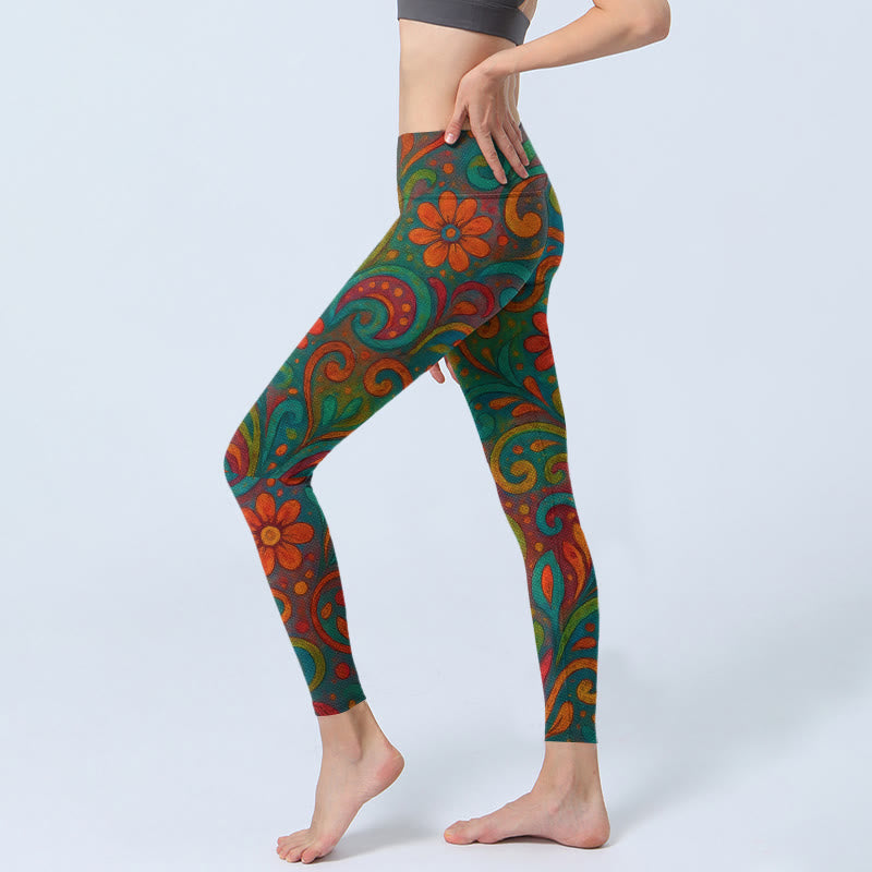 Buddha Stones Leggings mit lebhaftem, wirbelndem Blumen-Paisley-Muster, Damen-Yogahose - image 2