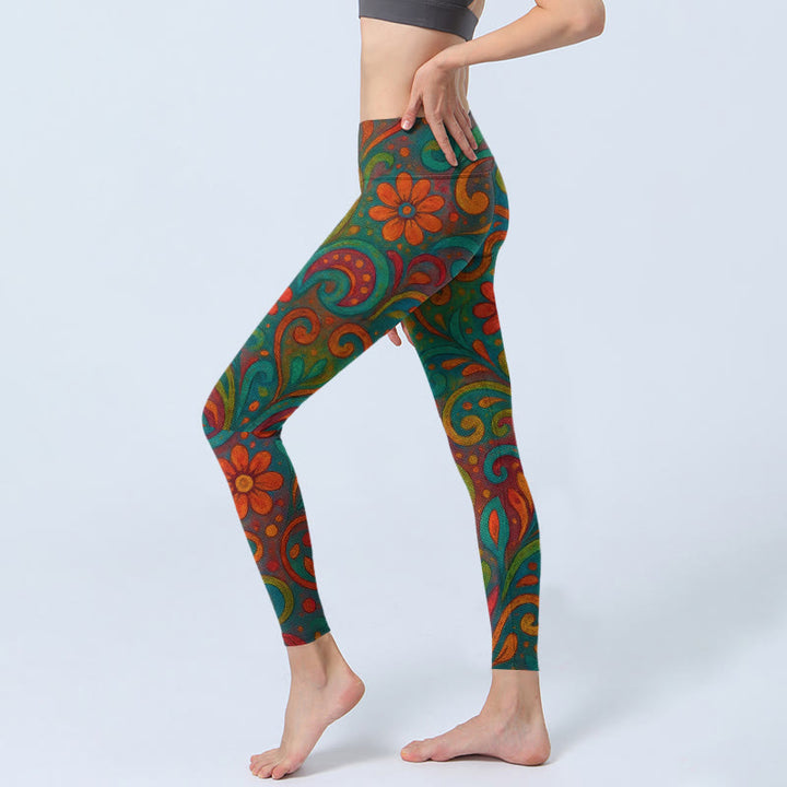 Buddha Stones Leggings mit lebhaftem, wirbelndem Blumen-Paisley-Muster, Damen-Yogahose - image 2