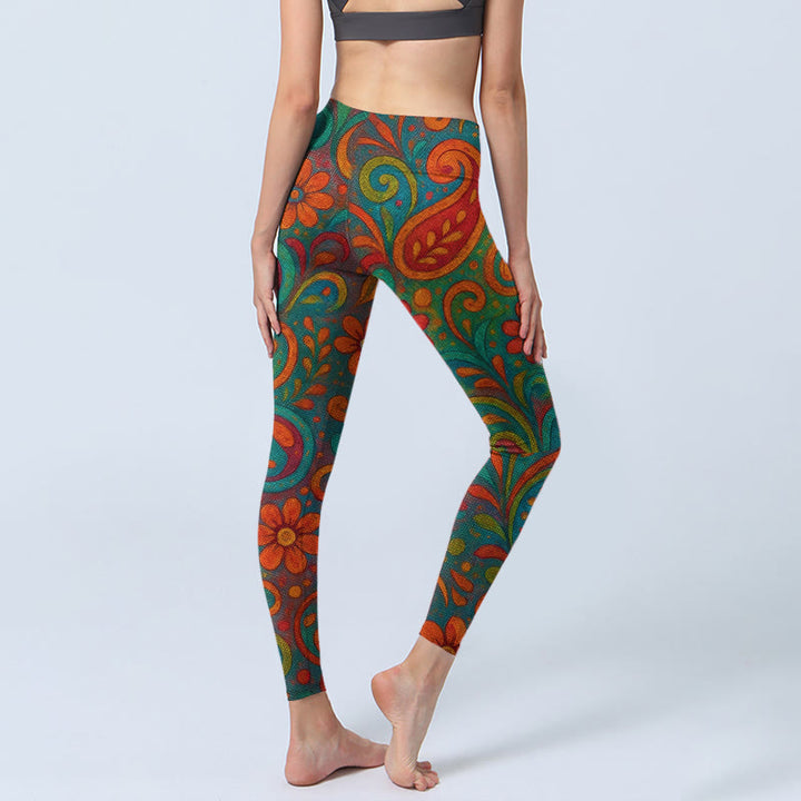 Buddha Stones Leggings mit lebhaftem, wirbelndem Blumen-Paisley-Muster, Damen-Yogahose - image 4