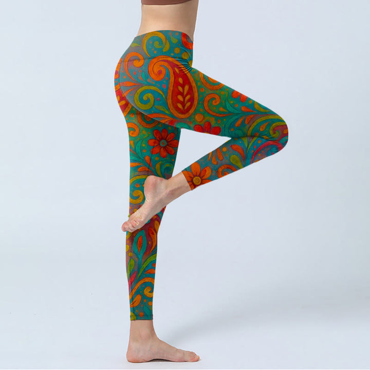 Buddha Stones Leggings mit lebhaftem, wirbelndem Blumen-Paisley-Muster, Damen-Yogahose - image 3