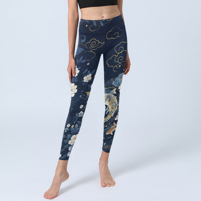 Buddha Stones Leggings mit blau-weißem Pfingstrosen- und Koi-Fisch-Print, Damen-Yogahose - image 5
