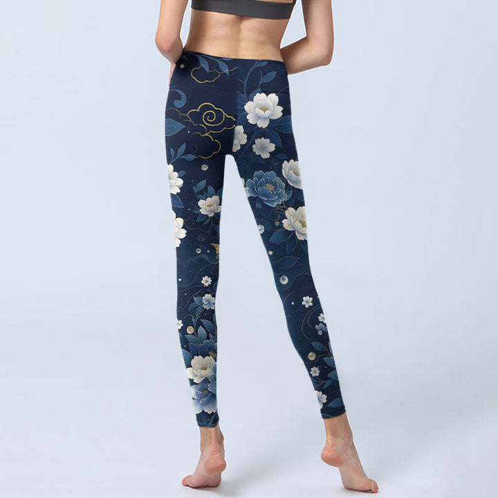 Buddha Stones Leggings mit blau-weißem Pfingstrosen- und Koi-Fisch-Print, Damen-Yogahose - image 6