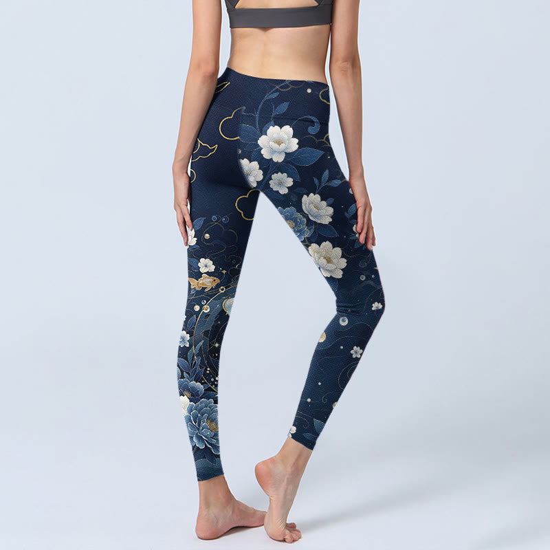Buddha Stones Leggings mit blau-weißem Pfingstrosen- und Koi-Fisch-Print, Damen-Yogahose - image 4