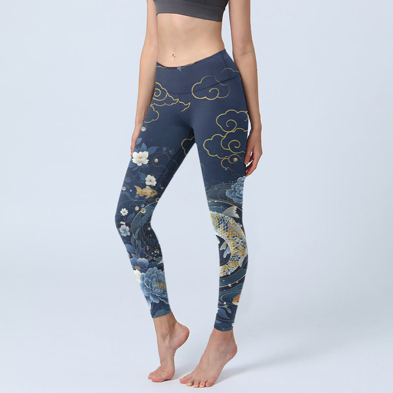 Buddha Stones Leggings mit blau-weißem Pfingstrosen- und Koi-Fisch-Print, Damen-Yogahose - SteelBlue - US18, UK/AU22, EU50 (4XL) - image 0