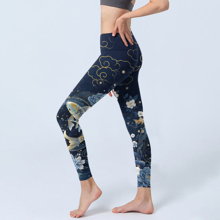 Buddha Stones Leggings mit blau-weißem Pfingstrosen- und Koi-Fisch-Print, Damen-Yogahose - image 2