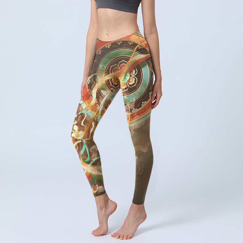 Buddha Stones Dunhuang Leggings mit Mandala-Print und fliegenden Apsaras – Sport- und Yogahosen für Damen - Dunkelkhaki - US18, UK/AU22, EU50 (4XL) - image 0