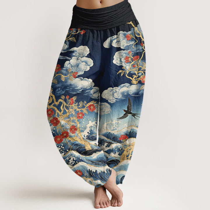 Buddha Stones Haremshose aus reiner Baumwolle mit glückverheißenden Wolken, roten Blüten und Schwalben-Meereswellenmotiv, elastischem Bund für Damen - SteelBlue - US16, UK/AU20, EU48 (3XL) - image 0