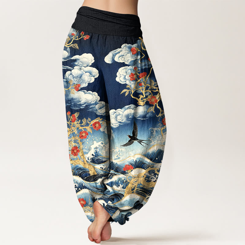Buddha Stones Haremshose aus reiner Baumwolle mit glückverheißenden Wolken, roten Blüten und Schwalben-Meereswellenmotiv, elastischem Bund für Damen - image 1