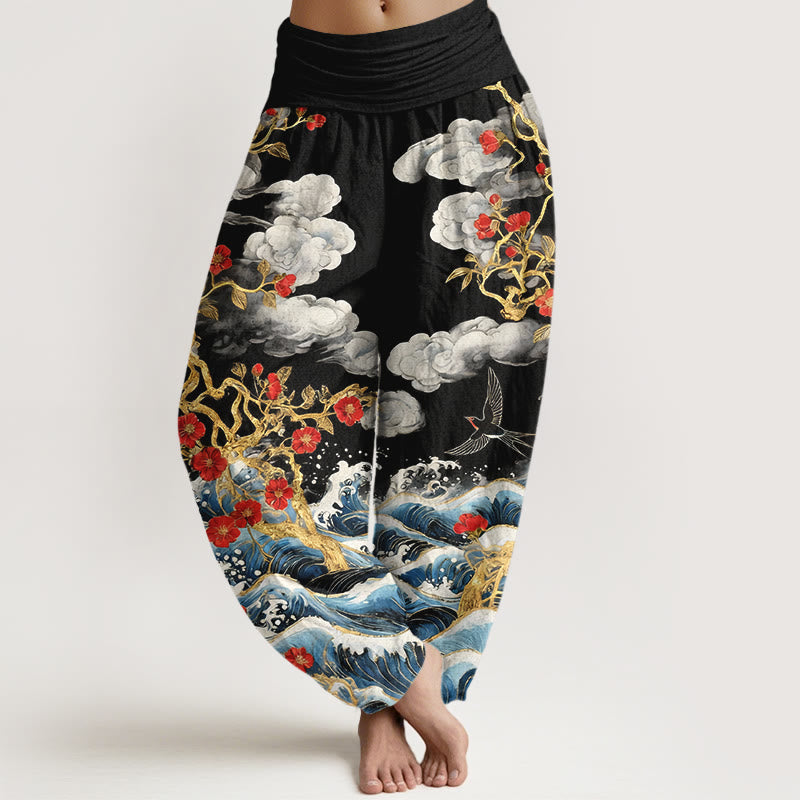 Buddha Stones Haremshose aus reiner Baumwolle mit glückverheißenden Wolken, roten Blüten und Schwalben-Meereswellenmotiv, elastischem Bund für Damen - Schwarz - US16, UK/AU20, EU48 (3XL) - image 5