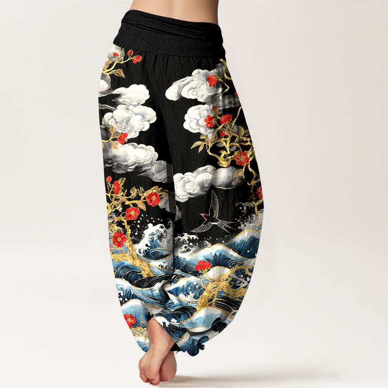 Buddha Stones Haremshose aus reiner Baumwolle mit glückverheißenden Wolken, roten Blüten und Schwalben-Meereswellenmotiv, elastischem Bund für Damen - image 6