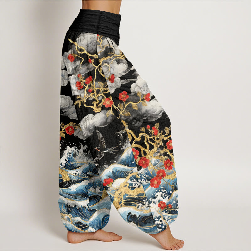 Buddha Stones Haremshose aus reiner Baumwolle mit glückverheißenden Wolken, roten Blüten und Schwalben-Meereswellenmotiv, elastischem Bund für Damen - image 7
