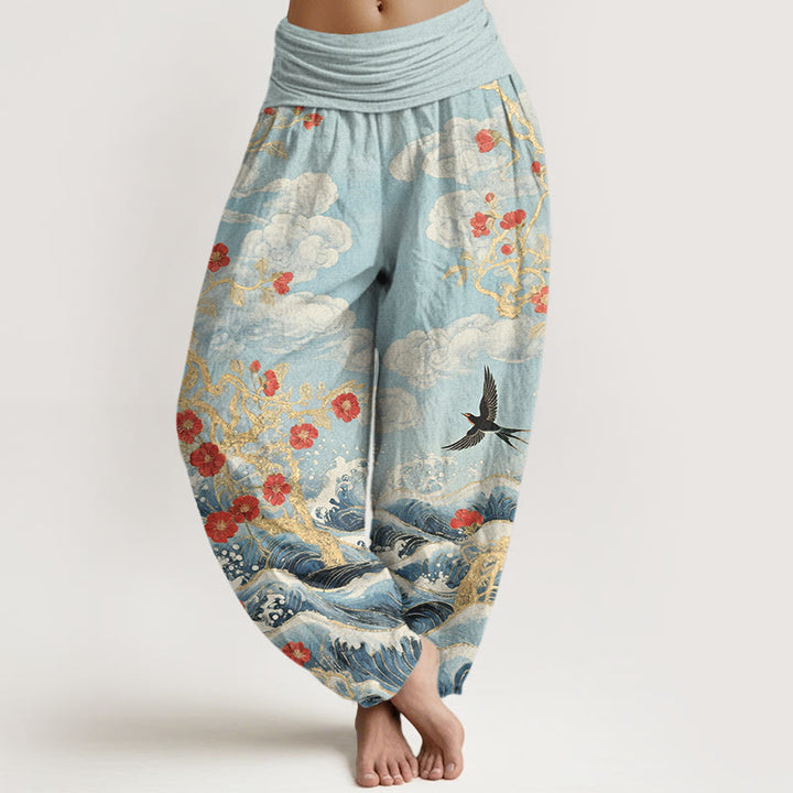 Buddha Stones Haremshose aus reiner Baumwolle mit glückverheißenden Wolken, roten Blüten und Schwalben-Meereswellenmotiv, elastischem Bund für Damen - Hellcyan - US16, UK/AU20, EU48 (3XL) - image 8