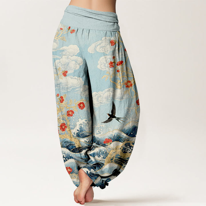 Buddha Stones Haremshose aus reiner Baumwolle mit glückverheißenden Wolken, roten Blüten und Schwalben-Meereswellenmotiv, elastischem Bund für Damen - image 9