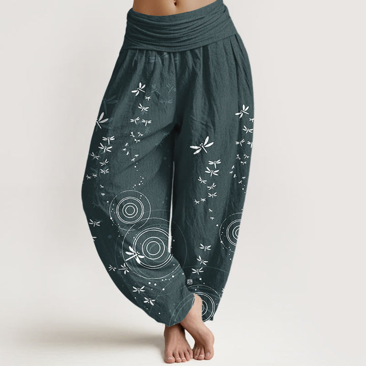 Buddha Stones Haremshose aus reiner Baumwolle mit kreisförmigem Libellenmuster und elastischem Bund für Damen - Kadettenblau - US16, UK/AU20, EU48 (3XL) - image 0