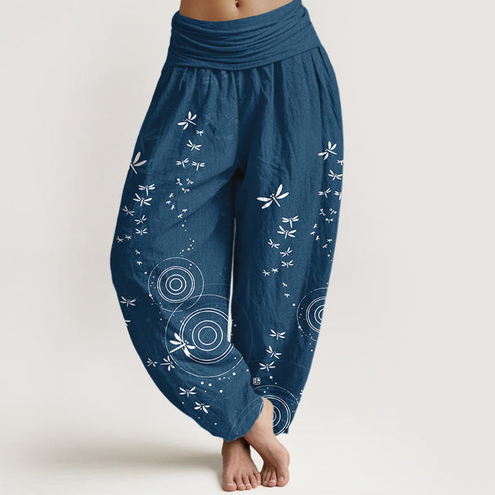 Buddha Stones Haremshose aus reiner Baumwolle mit kreisförmigem Libellenmuster und elastischem Bund für Damen - SteelBlue - US16, UK/AU20, EU48 (3XL) - image 5