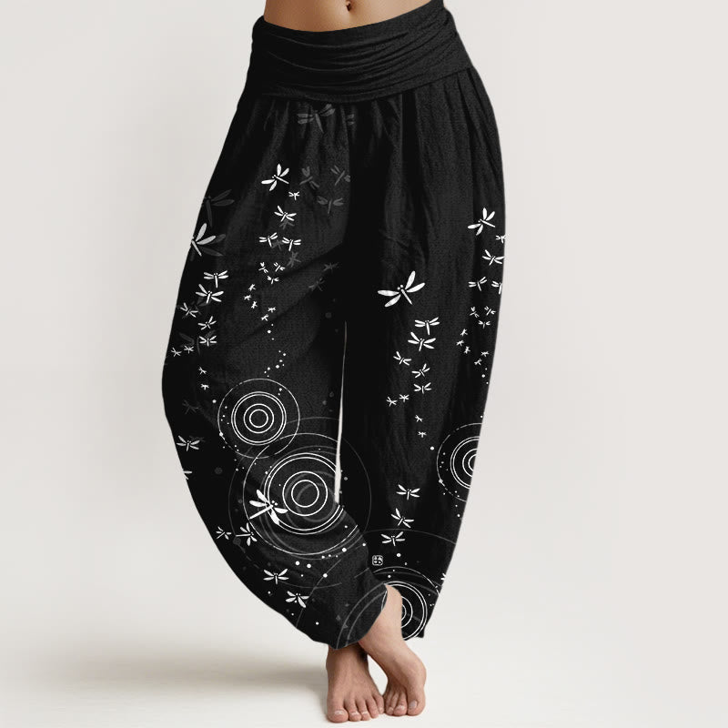 Buddha Stones Haremshose aus reiner Baumwolle mit kreisförmigem Libellenmuster und elastischem Bund für Damen - Schwarz - US16, UK/AU20, EU48 (3XL) - image 8