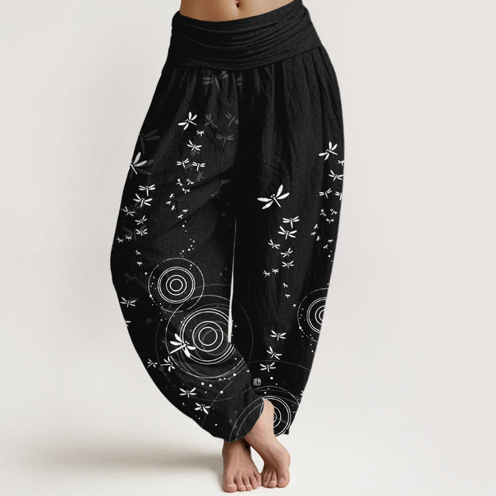 Buddha Stones Haremshose aus reiner Baumwolle mit kreisförmigem Libellenmuster und elastischem Bund für Damen - Schwarz - US16, UK/AU20, EU48 (3XL) - image 8
