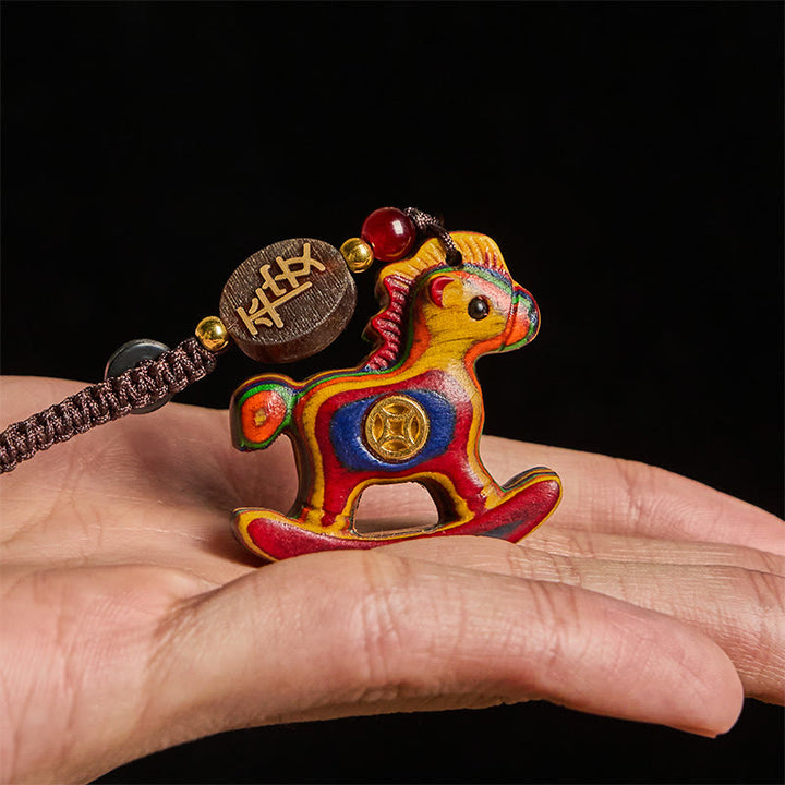 Buddha Stones ​​Jahr des Pferdes Regenbogen-Eukalyptus Kleinblättriges rotes Sandelholz Lindenholz Ebenholz Geschnitzter positiver Schlüsselanhänger - image 4