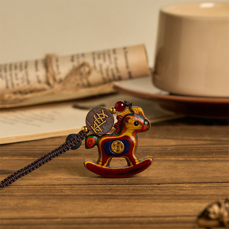 Buddha Stones ​​Jahr des Pferdes Regenbogen-Eukalyptus Kleinblättriges rotes Sandelholz Lindenholz Ebenholz Geschnitzter positiver Schlüsselanhänger - image 1