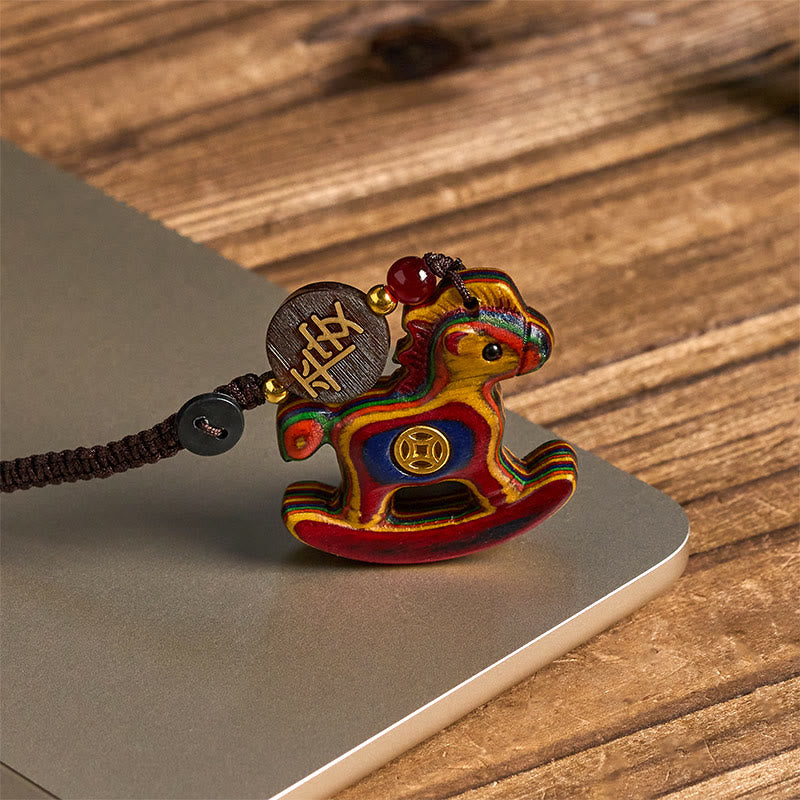 Buddha Stones ​​Jahr des Pferdes Regenbogen-Eukalyptus Kleinblättriges rotes Sandelholz Lindenholz Ebenholz Geschnitzter positiver Schlüsselanhänger - image 2