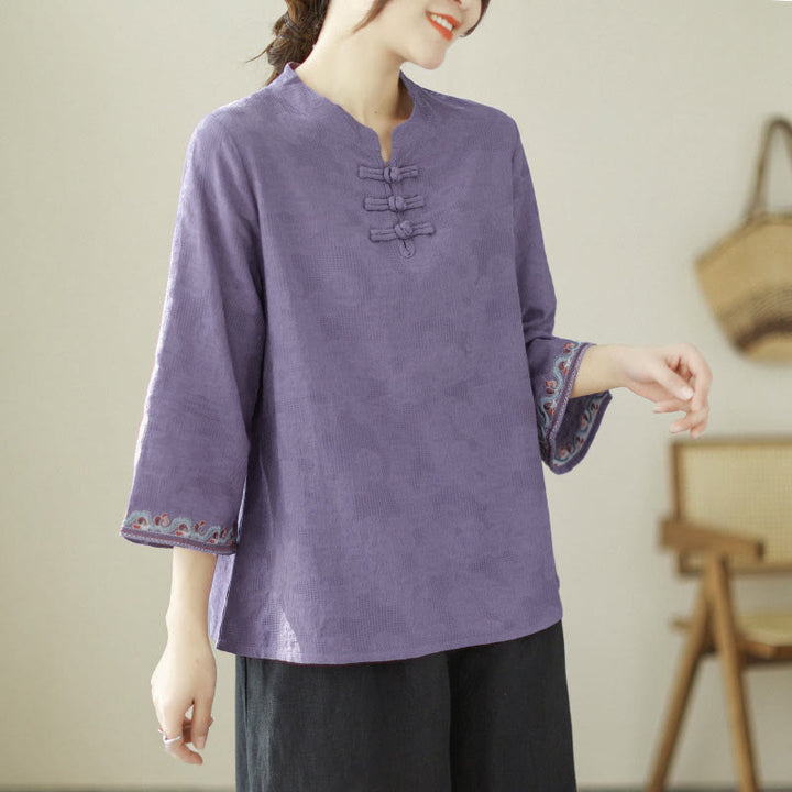 Buddha Stones ​​Jacquard-Baumwollhemd mit Froschknopfleiste, Stehkragen, Stickerei und Dreiviertelärmeln - Blauviolett - US8-10, UK/AU12-14, EU40-42 (2XL) - image 0
