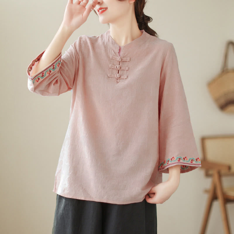 Buddha Stones ​​Jacquard-Baumwollhemd mit Froschknopfleiste, Stehkragen, Stickerei und Dreiviertelärmeln - Rosa - US8-10, UK/AU12-14, EU40-42 (2XL) - image 25