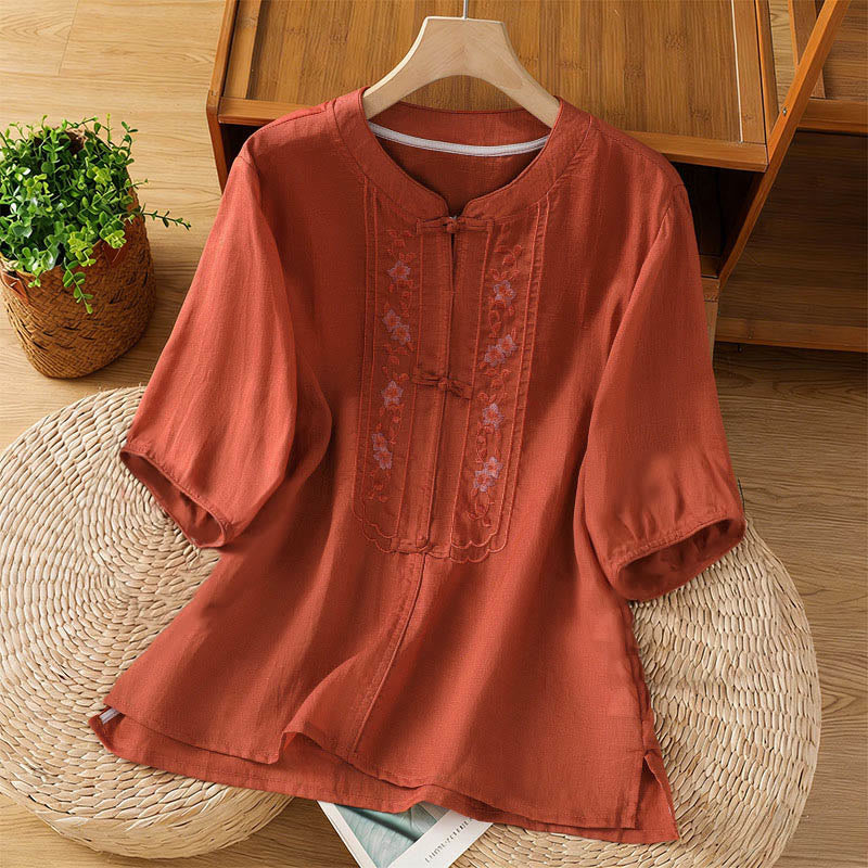 Buddha Stones -Damenbluse mit Froschknopfleiste, Stehkragen, gestickten Blumen, elastischen Bündchen und Dreiviertelärmeln - Dunkelrot - US8-10, UK/AU12-14, EU40-42 (2XL) - image 15