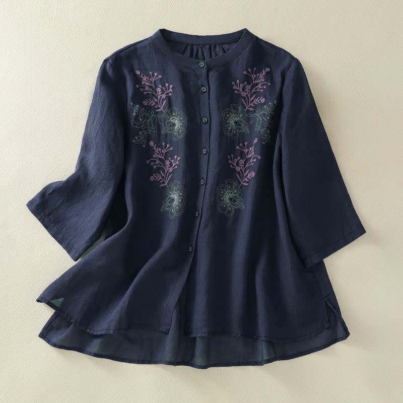 Damenbluse mit Buddha Stones -Stickerei, Faltenwurf, Stehkragen, Dreiviertelärmeln und Seitenschlitzen am Saum - Mitternachtsblau - US 8-10, UK/AU 12-14, EU 40-42 (2XL) - image 0