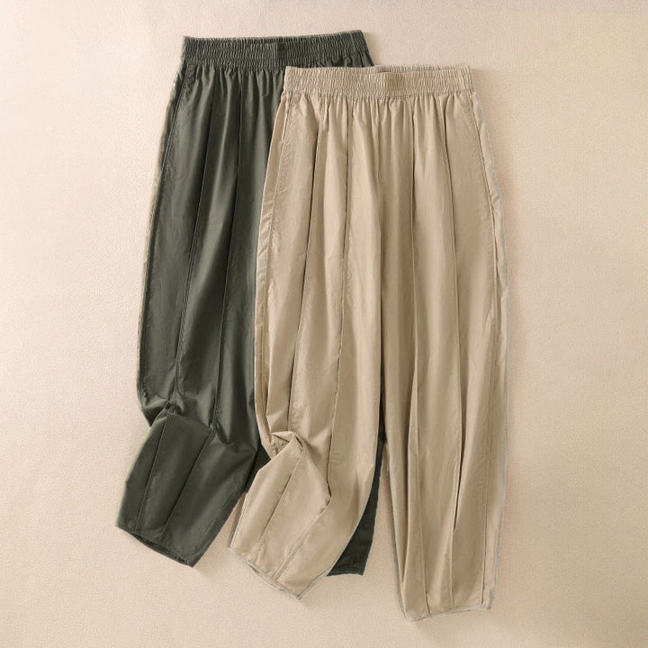 Buddha Stones Sommerliche, schlichte, einfarbige, hochtaillierte Damen-Haremshose mit Falten und Taschen - image 0