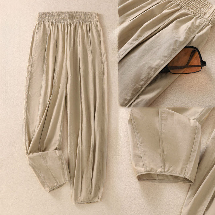Buddha Stones Sommerliche, schlichte, einfarbige, hochtaillierte Damen-Haremshose mit Falten und Taschen - image 21