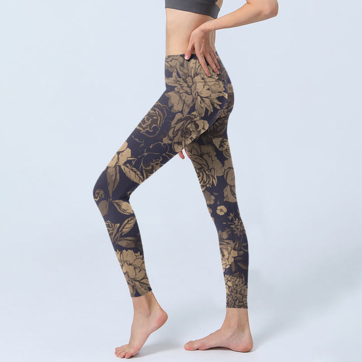 Buddha Stones Leggings mit Retro-Farbschema, Blumen-, Schmetterlings- und Blätterprint, Yogahosen für Damen - image 2
