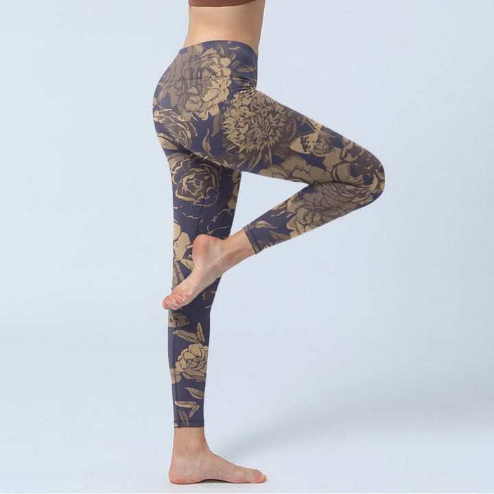 Buddha Stones Leggings mit Retro-Farbschema, Blumen-, Schmetterlings- und Blätterprint, Yogahosen für Damen - image 3