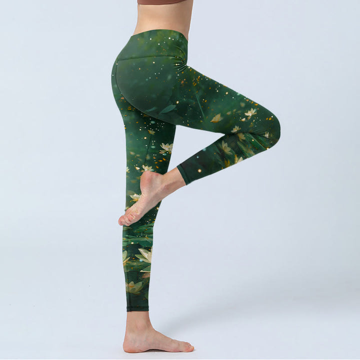 Buddha Stones Leggings mit traumhaftem Lotusblumen- und Blattmuster – die perfekte Sport- und Yogahose für Damen - image 3