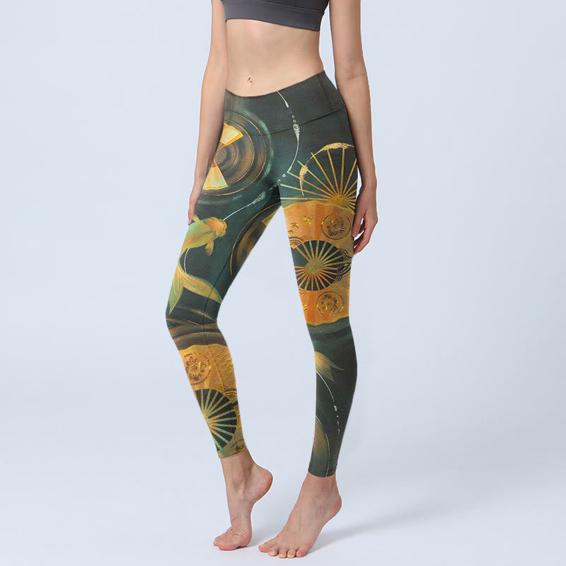 Buddha Stones Wunderschöne Leggings mit Fächerdesign und Koi-Fisch-Print, ideal für Sport und Yoga – Damen-Yogahose - Dunkelolivgrün - US18, UK/AU22, EU50 (4XL) - image 0