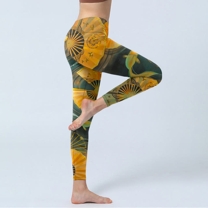 Buddha Stones Wunderschöne Leggings mit Fächerdesign und Koi-Fisch-Print, ideal für Sport und Yoga – Damen-Yogahose - image 3