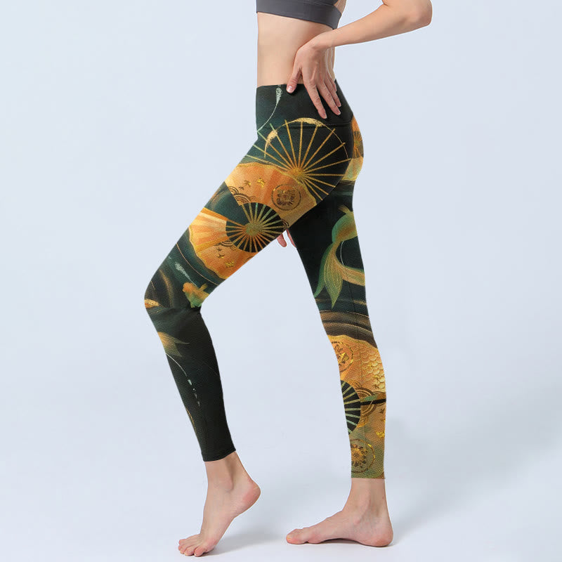 Buddha Stones Wunderschöne Leggings mit Fächerdesign und Koi-Fisch-Print, ideal für Sport und Yoga – Damen-Yogahose - image 2