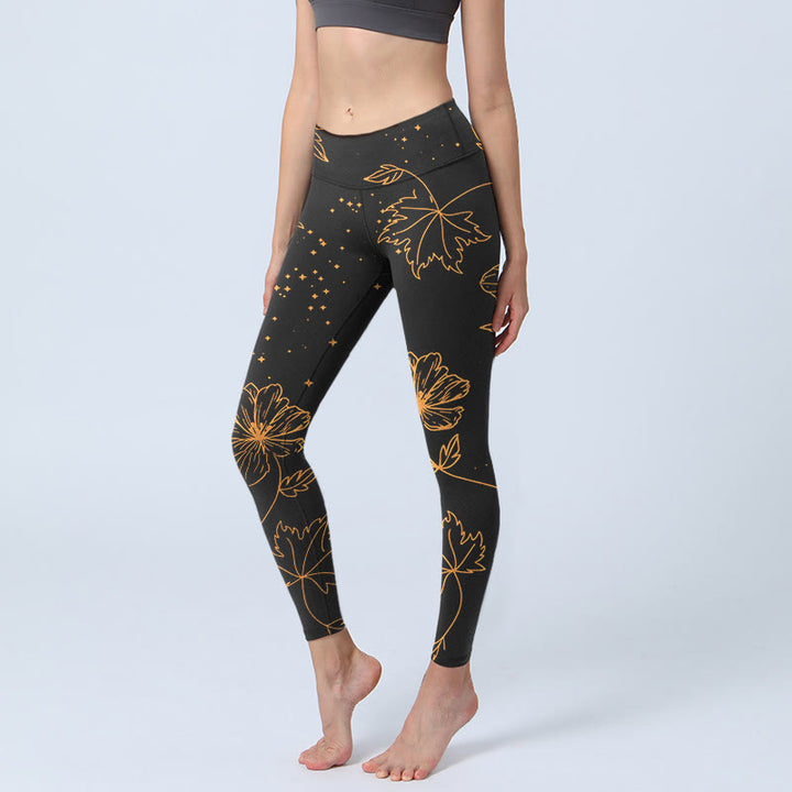 Buddha Stones Leggings im minimalistischen Stil mit Blumen-, Blatt- und Sternenmuster, Yogahose für Damen - Schwarz - US18, UK/AU22, EU50 (4XL) - image 0
