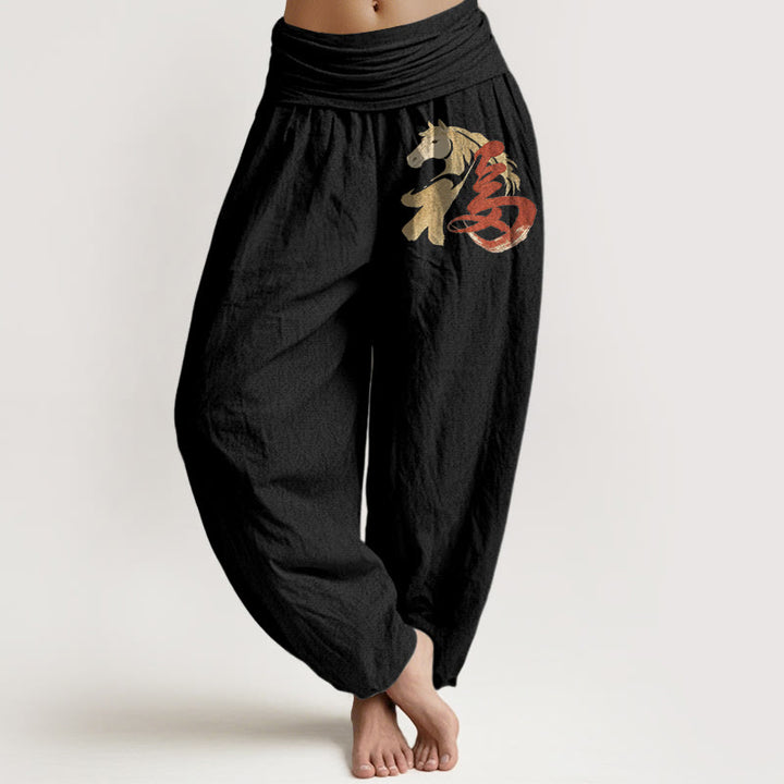 Buddha Stones Damen-Haremshose aus reiner Baumwolle mit Pferdemotiv (Jahr des Pferdes) und elastischem Bund - Schwarz - US16, UK/AU20, EU48 (3XL) - image 0