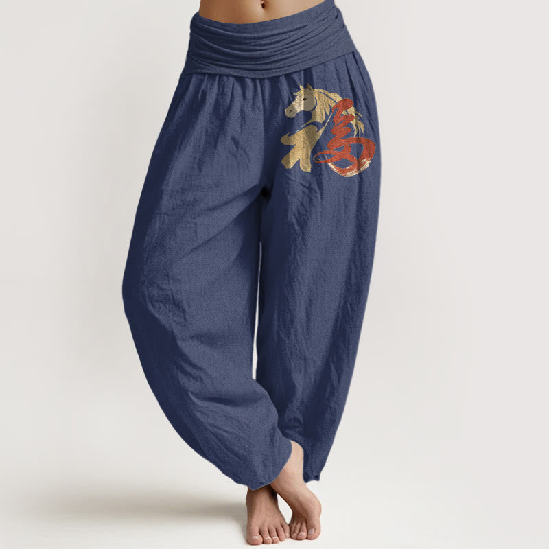 Buddha Stones Damen-Haremshose aus reiner Baumwolle mit Pferdemotiv (Jahr des Pferdes) und elastischem Bund - Dunkelschieferblau - US16, UK/AU20, EU48 (3XL) - image 5
